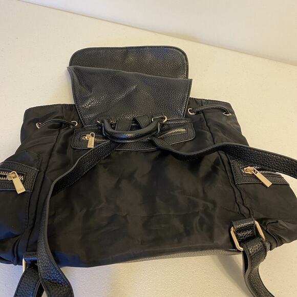 Neiman Marcus Designer Backpack Black PVC Nylon Travel Day Bag Silvertone Logo - Picture 8 of 11